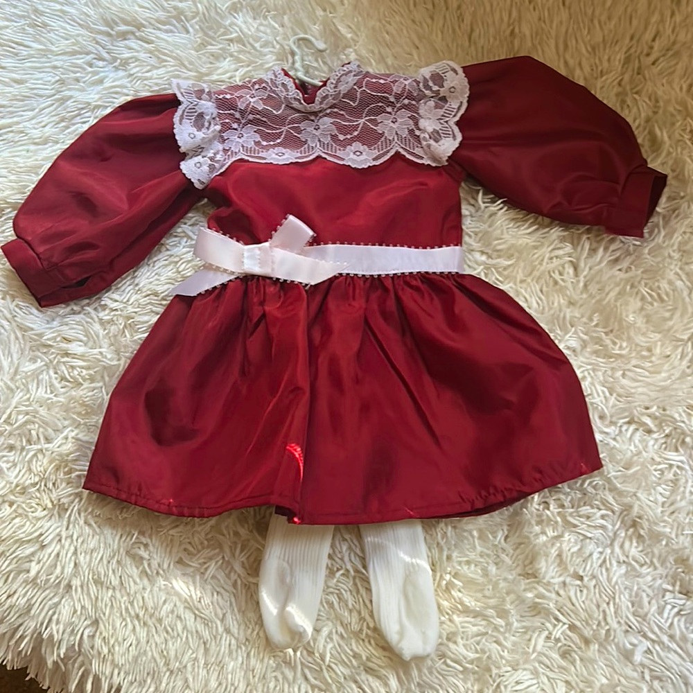 American girl Samantha greet dress white  tights and hanger . Maroon and white